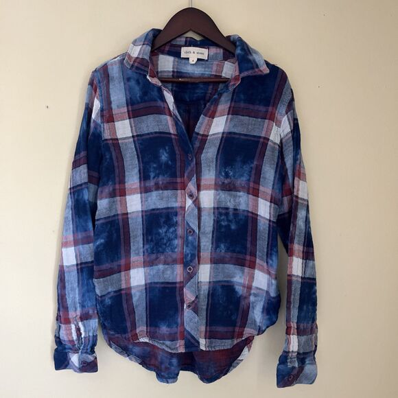 Anthropologie Cloth & Stone Cloud Wash Plaid Button Down, Berry Galaxy- Small - Picture 1 of 6